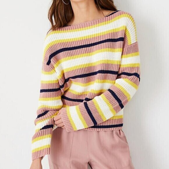 ANN TAYLOR Striped Boatneck Sweater Mauve Pink Yellow White Navy Cotton Boxy M - Picture 1 of 14